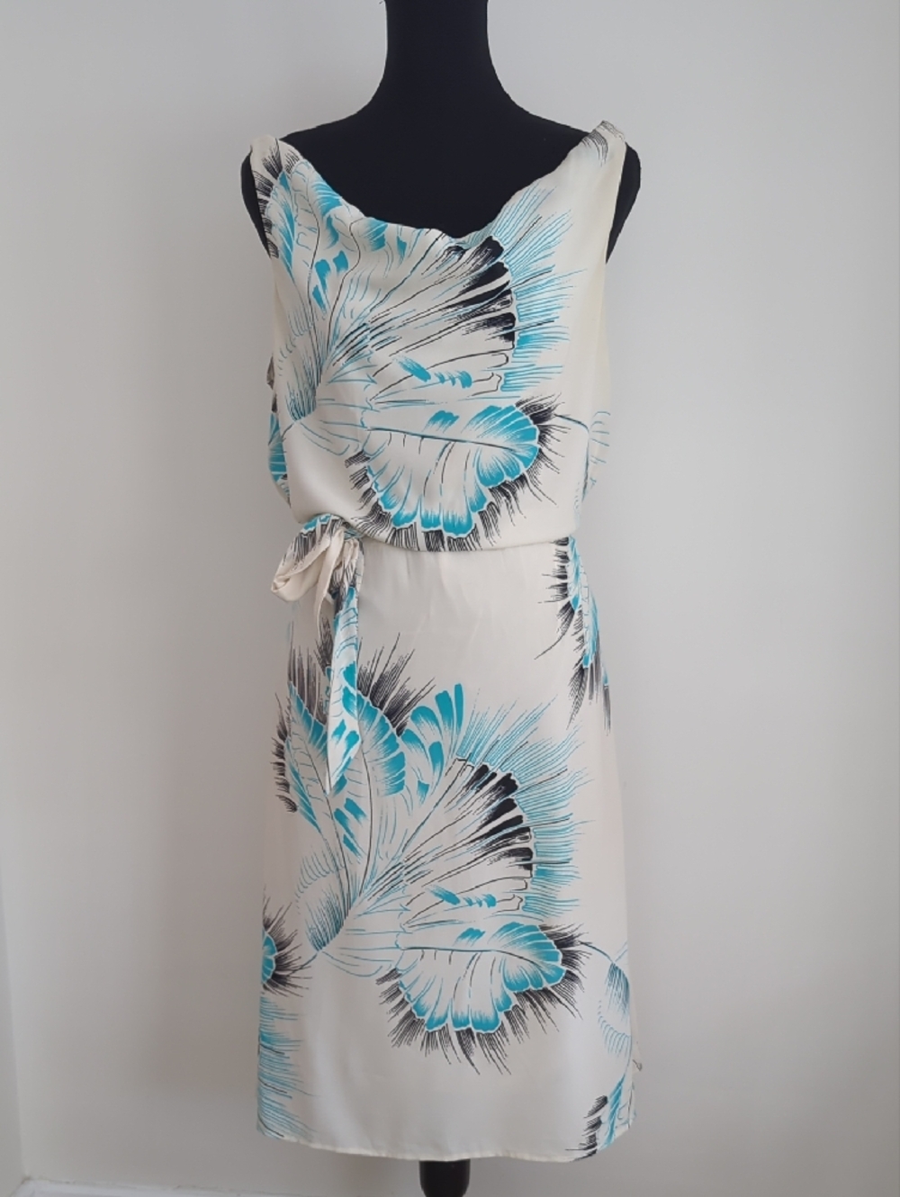 H&M Vintage Cowl Neck Tropical Leaf Print Sleeveless Tie Waist Midi Dress 12